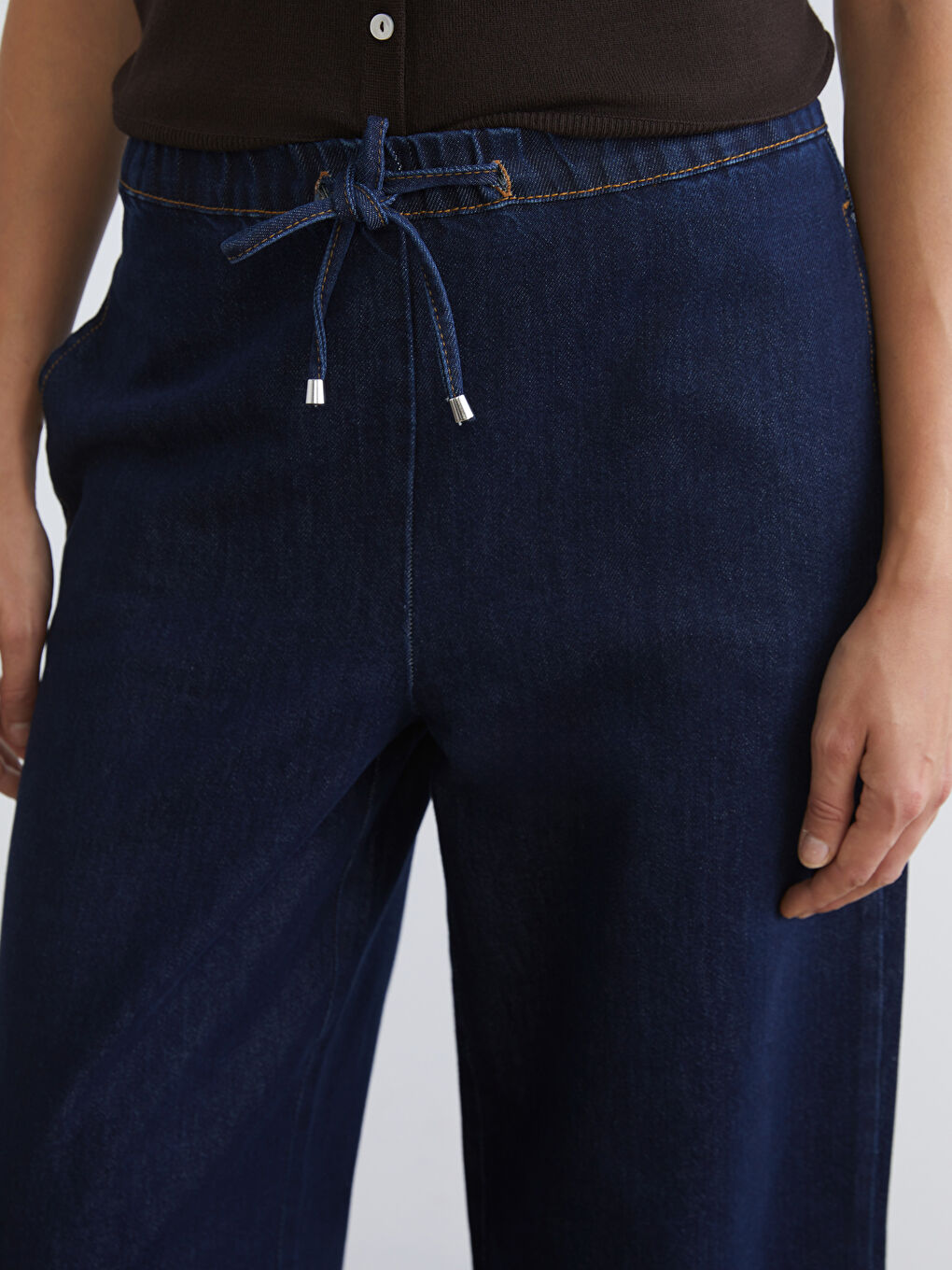 Lacivert Beli Lastikli Wideleg Kadın Jean Pantolon-2