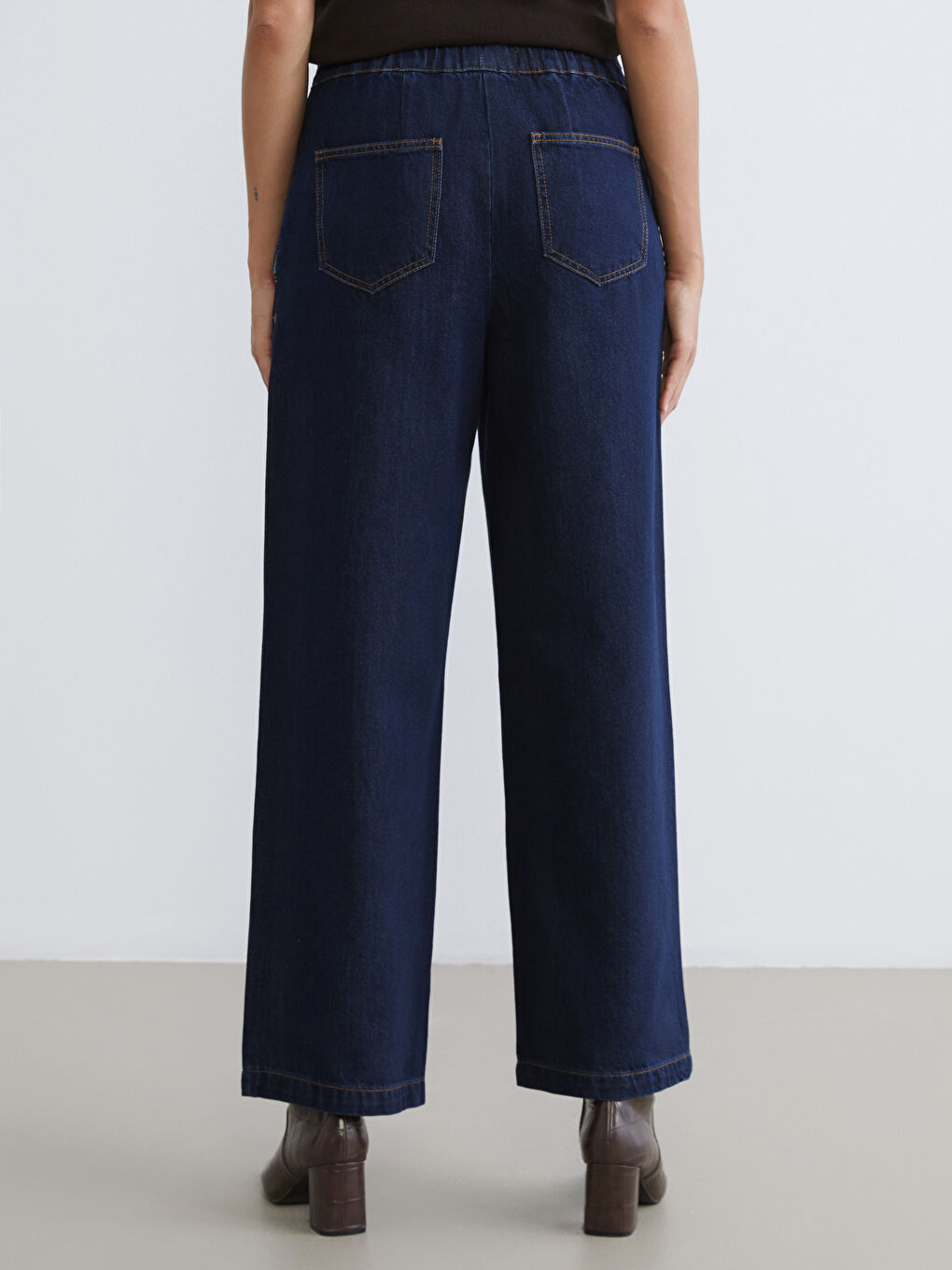 Lacivert Beli Lastikli Wideleg Kadın Jean Pantolon-3