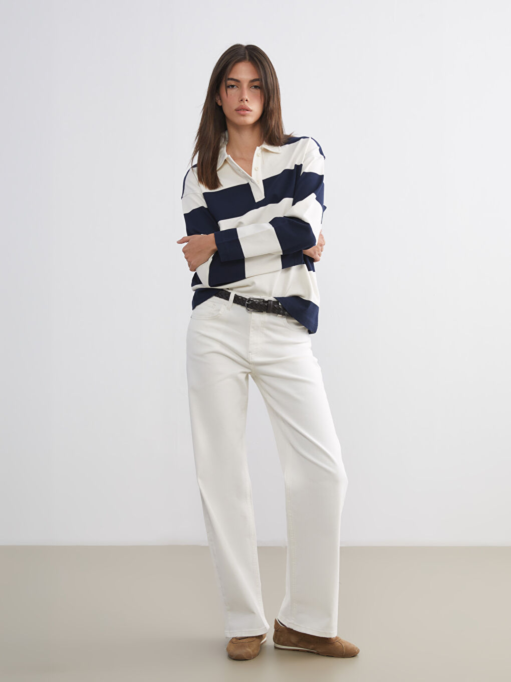 Beyaz Wideleg Kadın Jean Pantolon