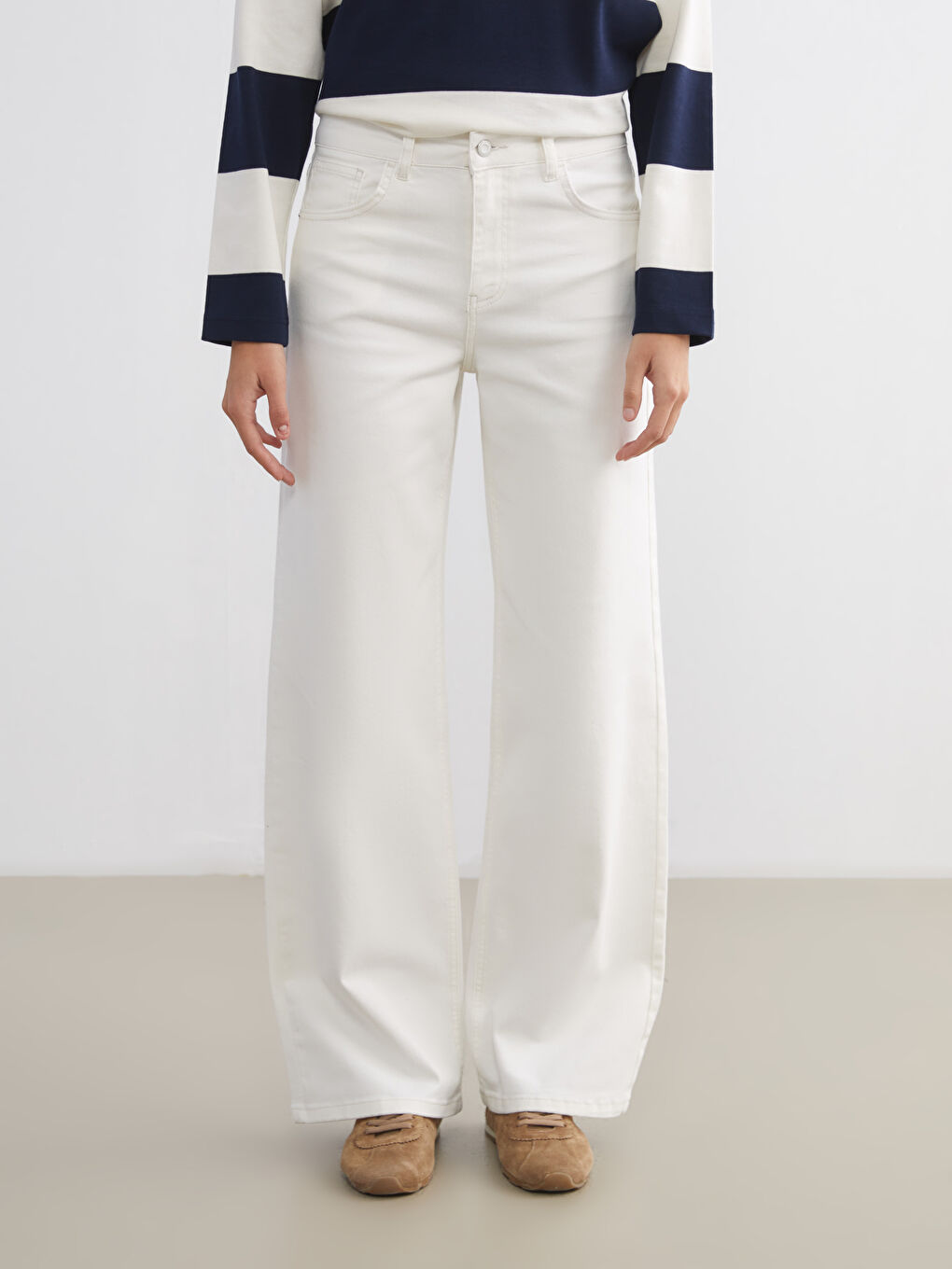 Beyaz Wideleg Kadın Jean Pantolon-1
