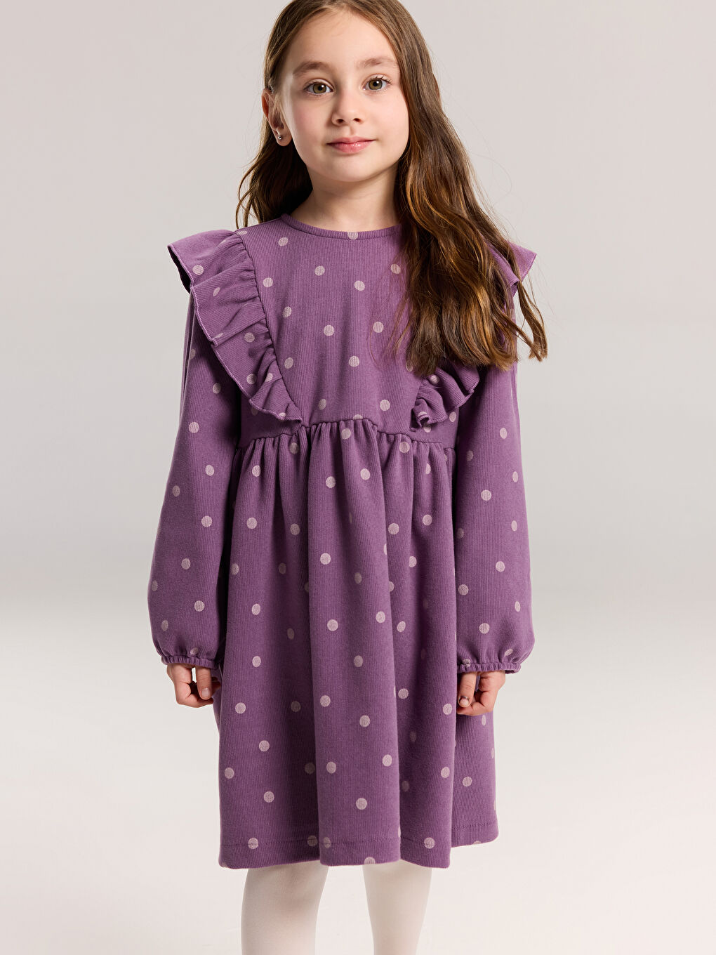 მრგვალი საყელო პოლკა დოტი გოგონას კაბა-1