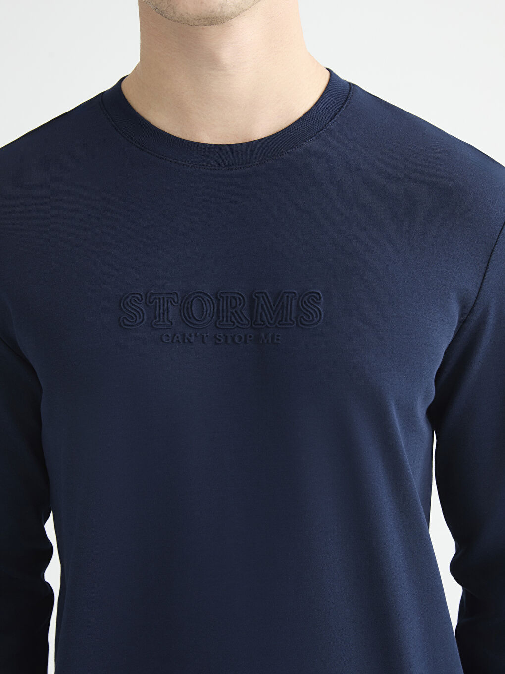 Lacivert Bisiklet Yaka Uzun Kollu Baskılı Erkek Tişört-2