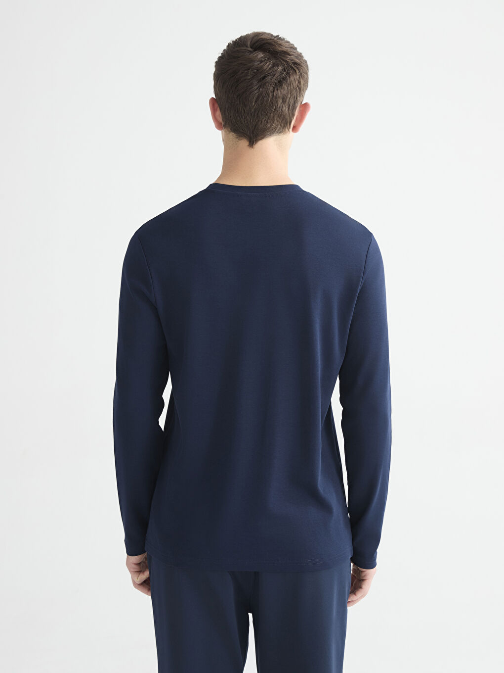 Lacivert Bisiklet Yaka Uzun Kollu Baskılı Erkek Tişört-3