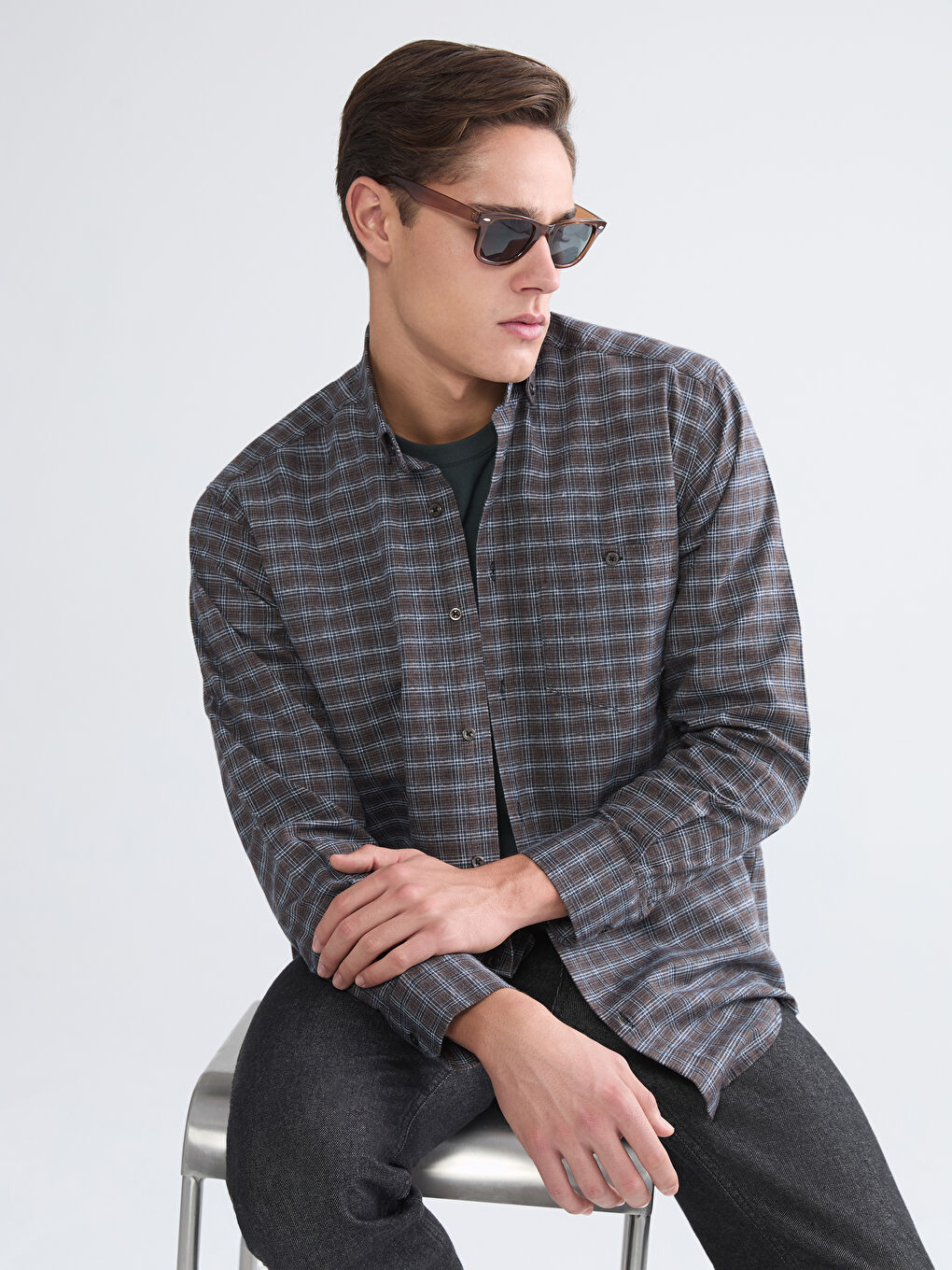 Kahverengi Regular Fit Uzun Kollu Ekose Gabardin Erkek Gömlek