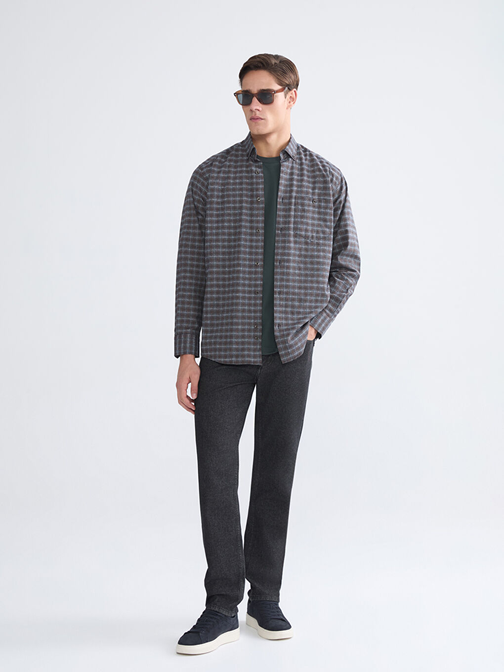 Kahverengi Regular Fit Uzun Kollu Ekose Gabardin Erkek Gömlek-1