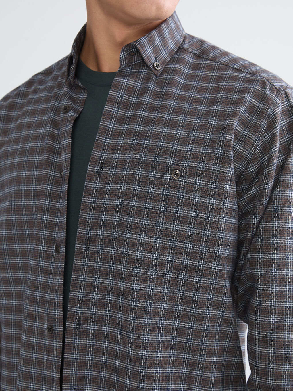 Kahverengi Regular Fit Uzun Kollu Ekose Gabardin Erkek Gömlek-2