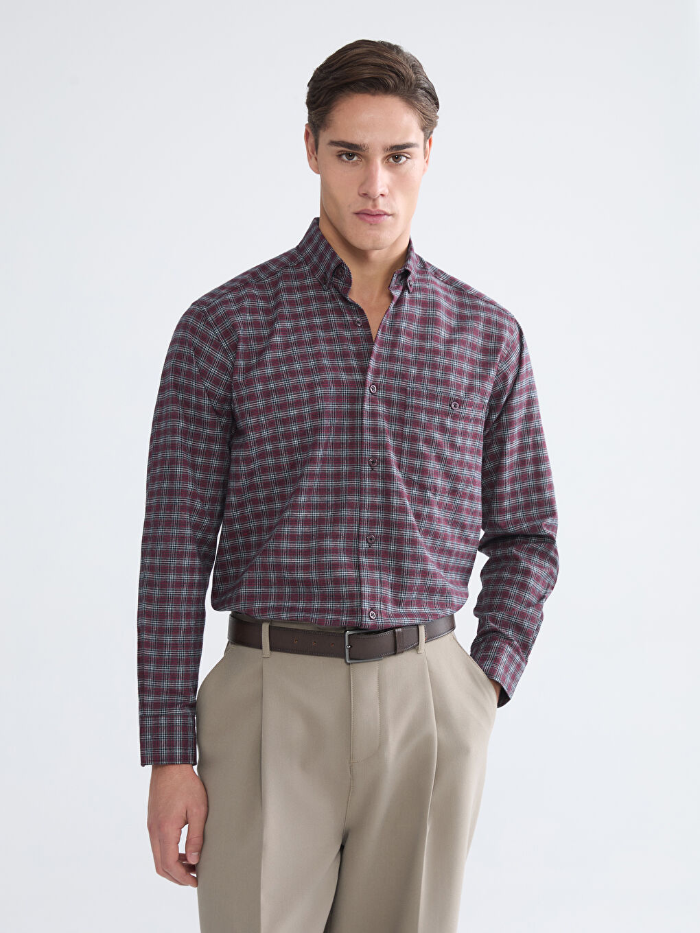 Kahverengi Regular Fit Uzun Kollu Ekose Gabardin Erkek Gömlek