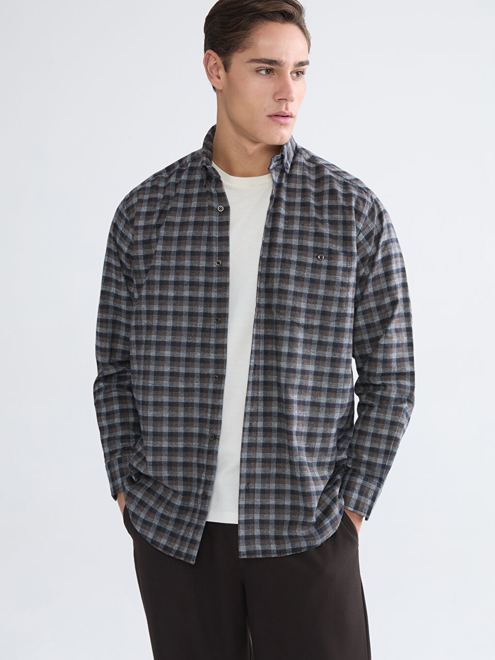 Kahverengi Regular Fit Uzun Kollu Ekose Gabardin Erkek Gömlek