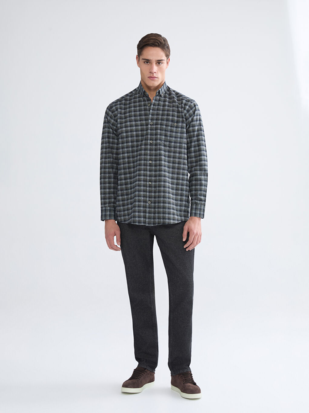 Haki Regular Fit Uzun Kollu Ekose Gabardin Erkek Gömlek-1