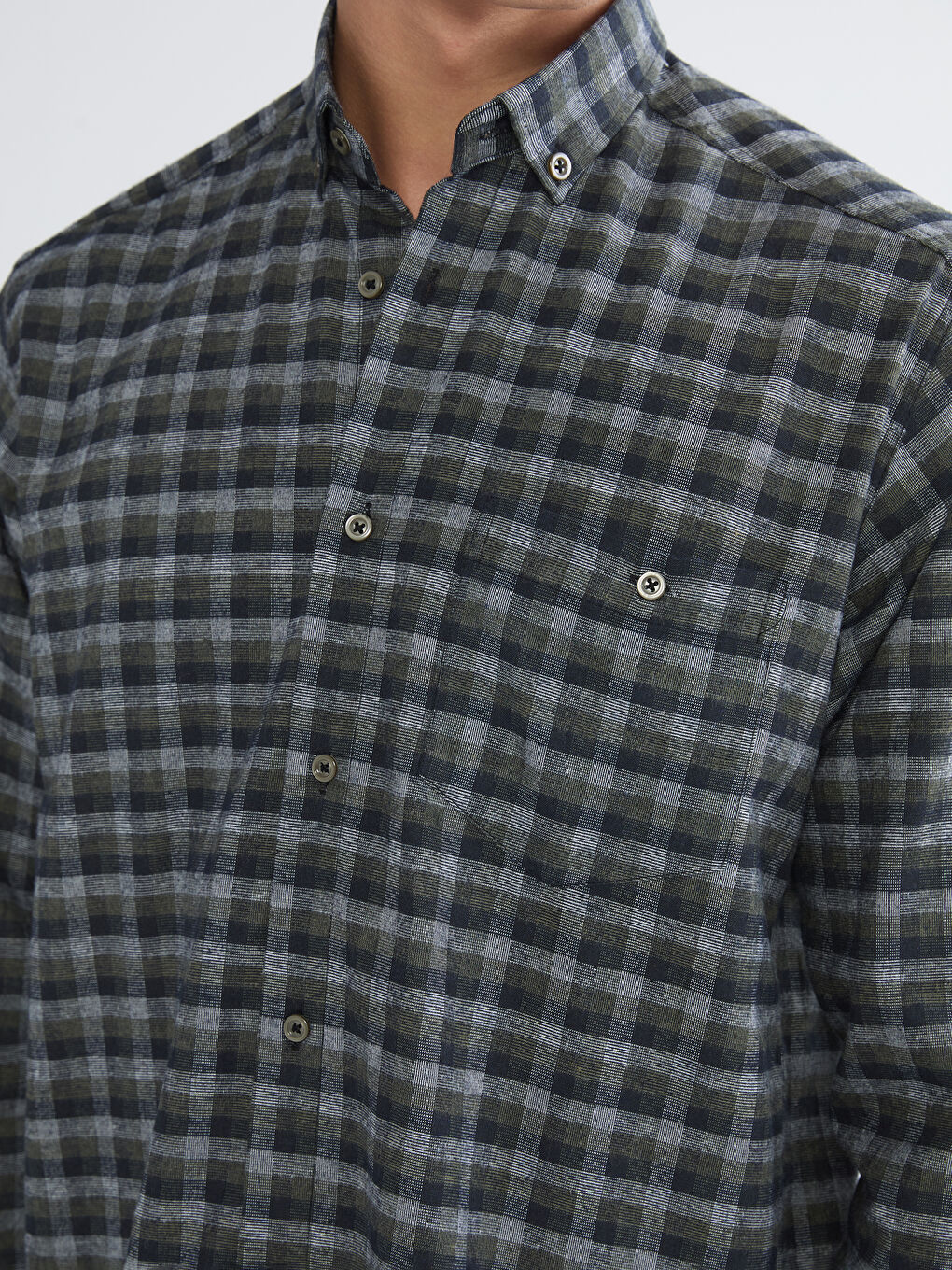 Haki Regular Fit Uzun Kollu Ekose Gabardin Erkek Gömlek-2