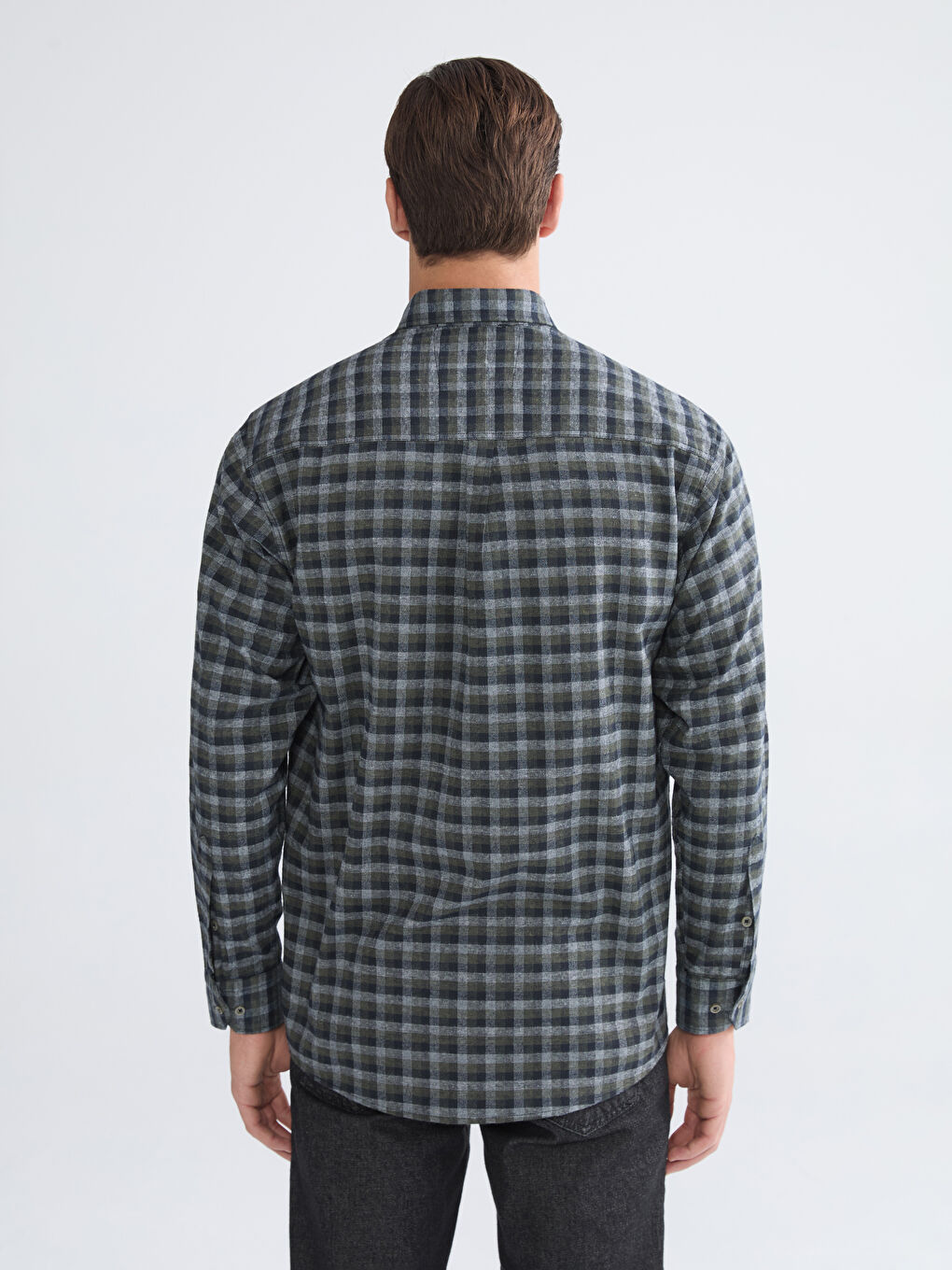 Haki Regular Fit Uzun Kollu Ekose Gabardin Erkek Gömlek-3