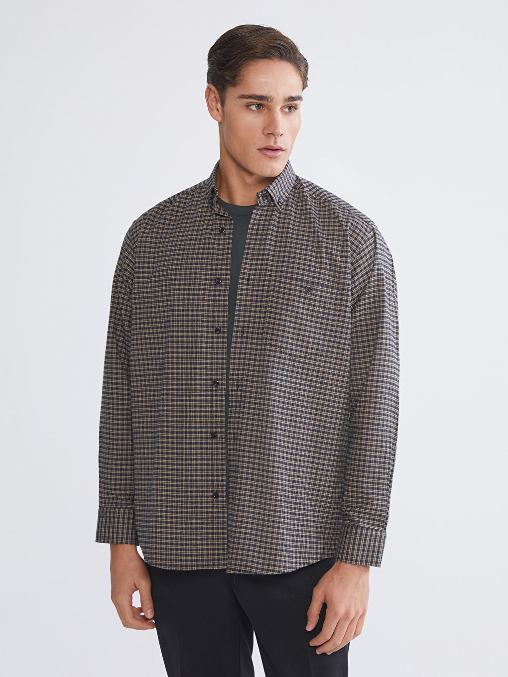 Bej Regular Fit Uzun Kollu Ekose Gabardin Erkek Gömlek