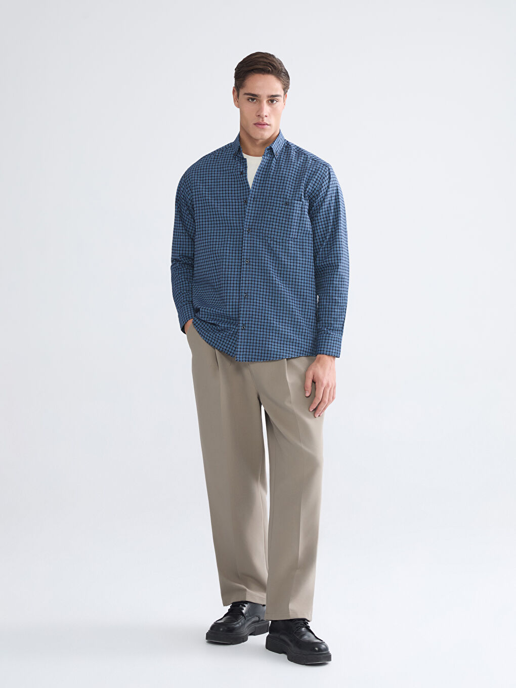 Mavi Regular Fit Uzun Kollu Ekose Gabardin Erkek Gömlek-1