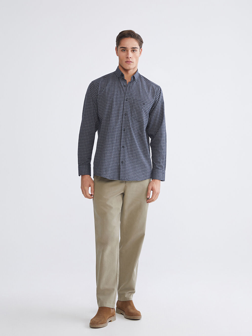 Lacivert Regular Fit Uzun Kollu Ekose Gabardin Erkek Gömlek-1