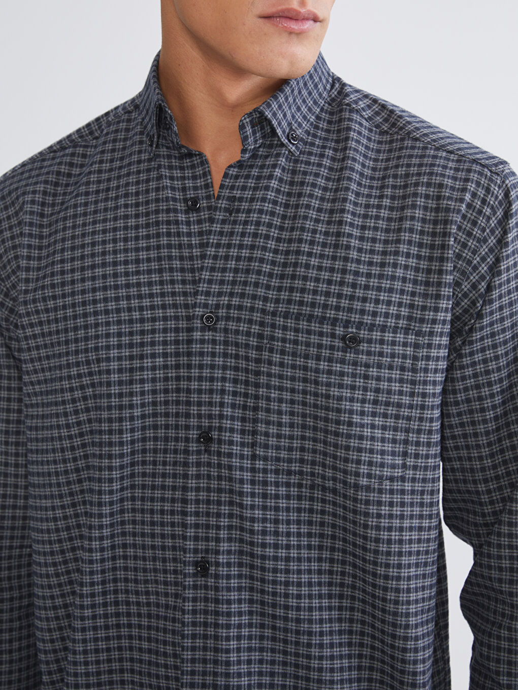 Lacivert Regular Fit Uzun Kollu Ekose Gabardin Erkek Gömlek-2