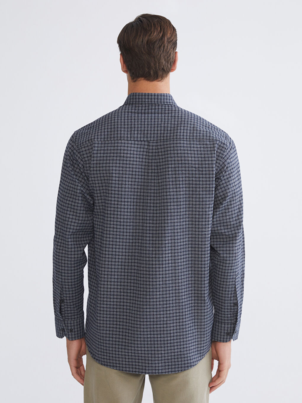 Lacivert Regular Fit Uzun Kollu Ekose Gabardin Erkek Gömlek-3