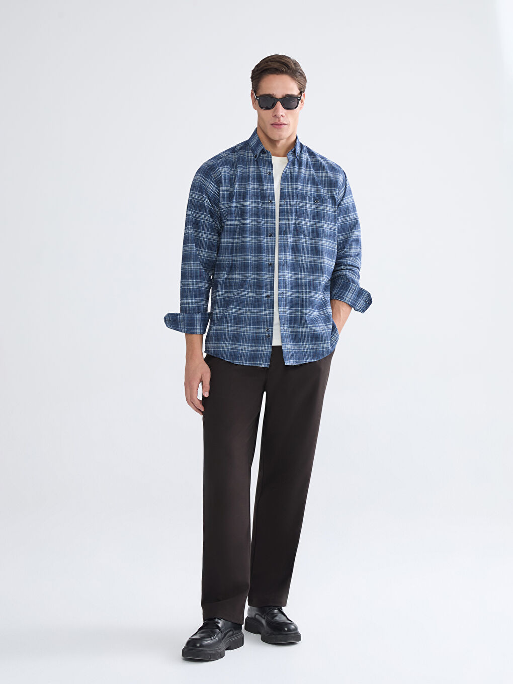 Mavi Regular Fit Uzun Kollu Ekose Gabardin Erkek Gömlek-1