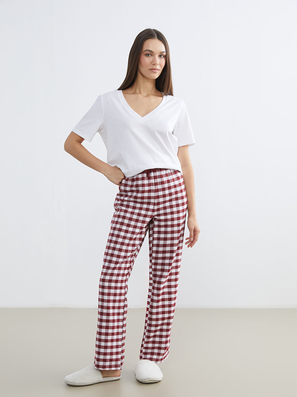 Kırmızı Beli Lastikli Ekose Kadın Pijama Altı