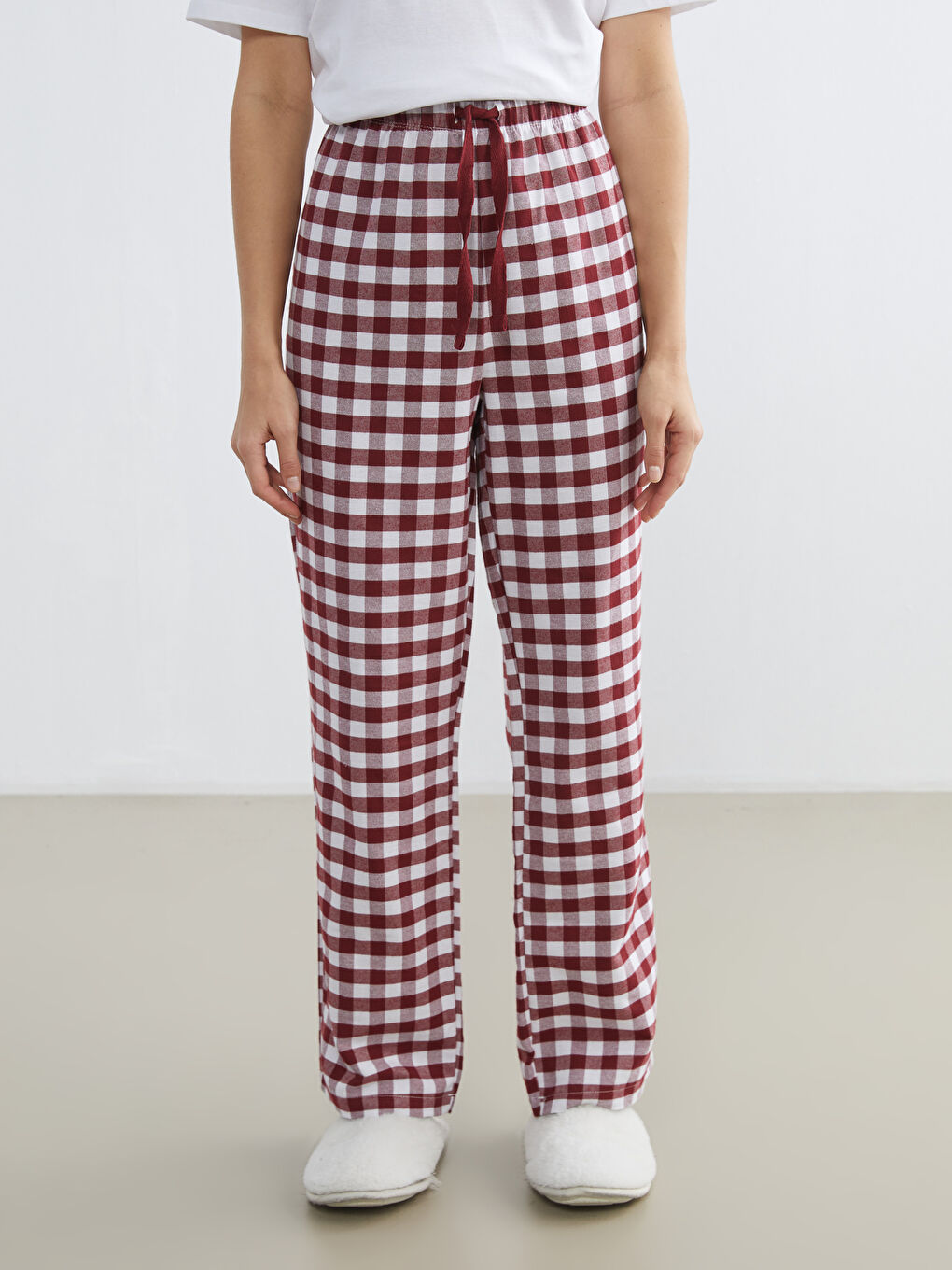 Kırmızı Beli Lastikli Ekose Kadın Pijama Altı-1