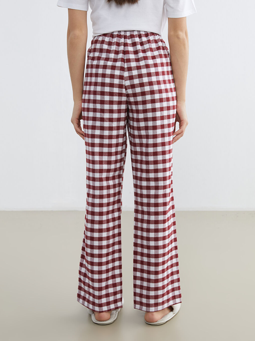 Kırmızı Beli Lastikli Ekose Kadın Pijama Altı-3