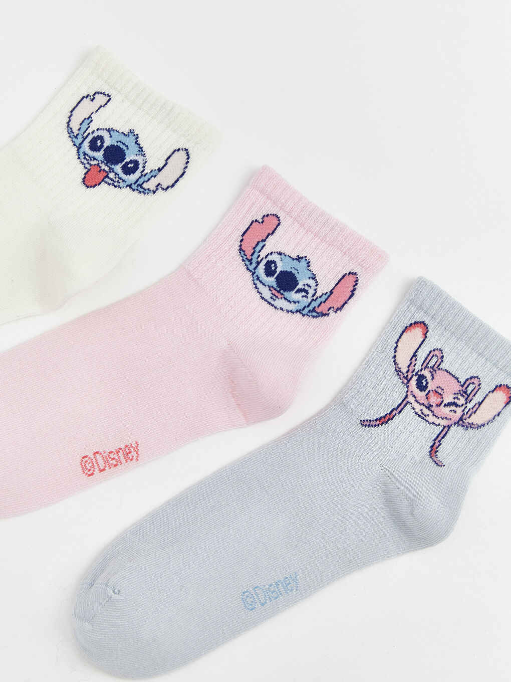 Ekru Lilo & Stitch Baskılı Kadın Soket Çorap 3'lü-1