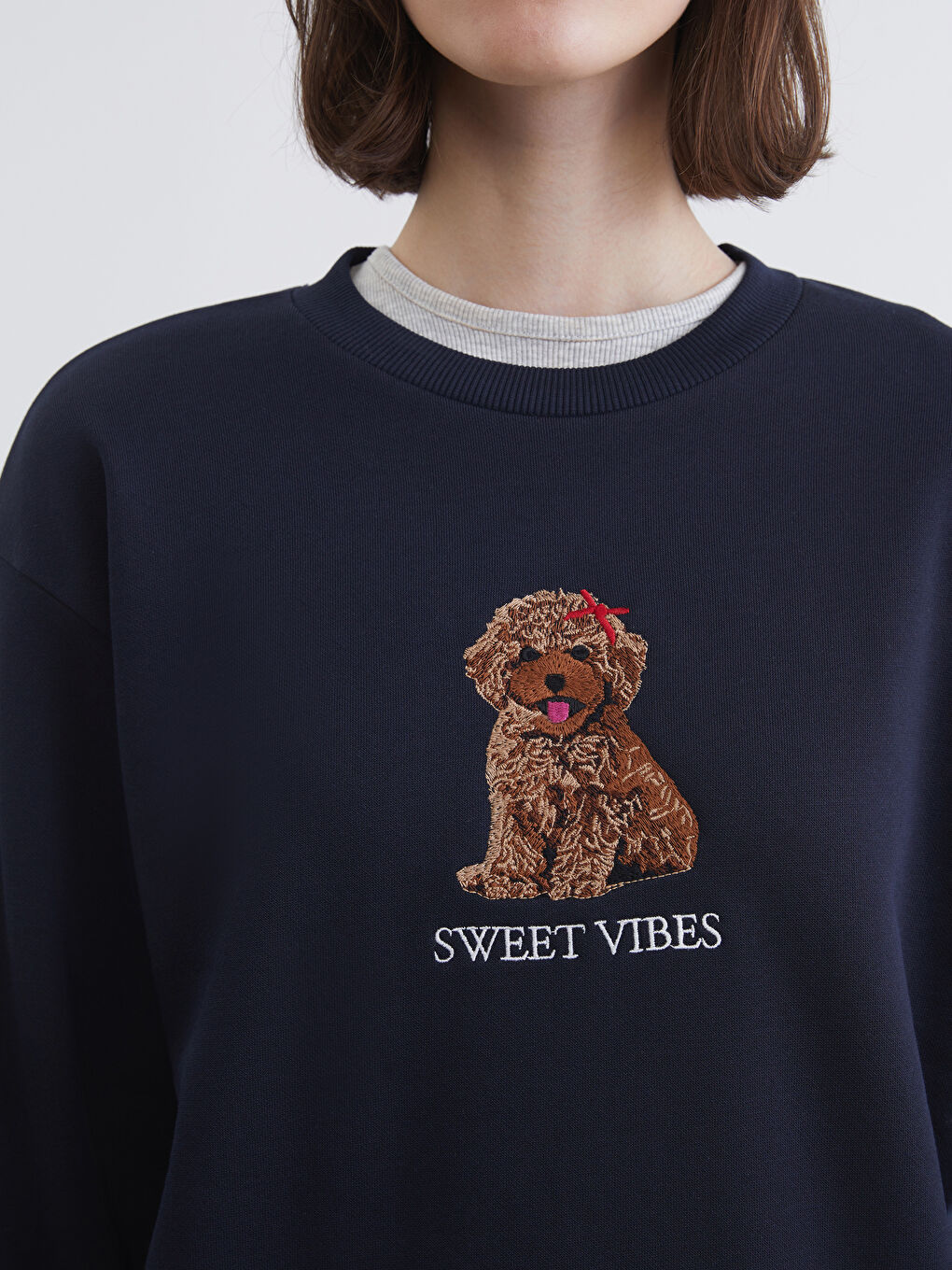 Lacivert Nakışlı Oversize Kadın Kalın Sweatshirt-2