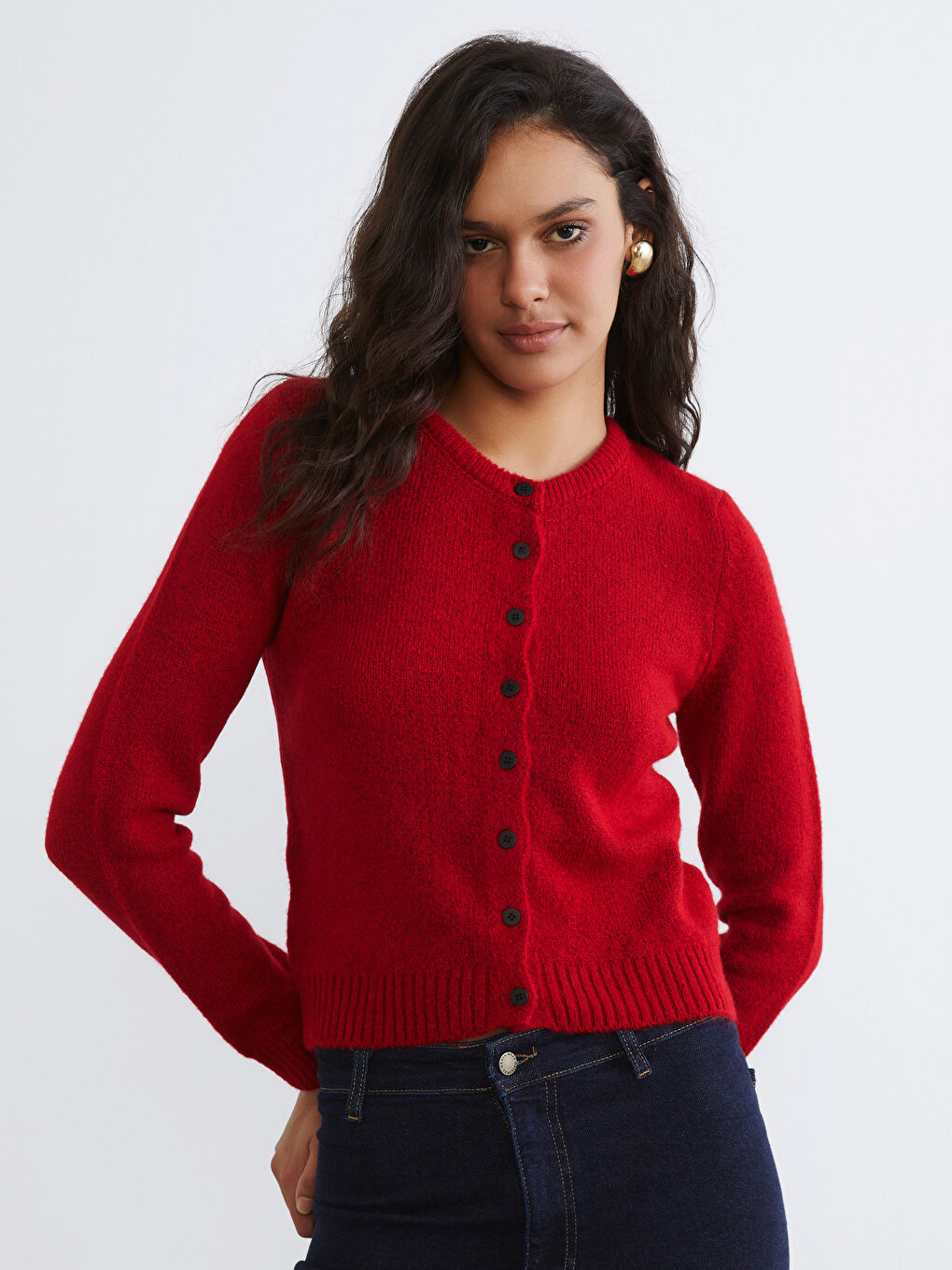 Kırmızı Bisiklet Yaka Kadın Triko Hırka