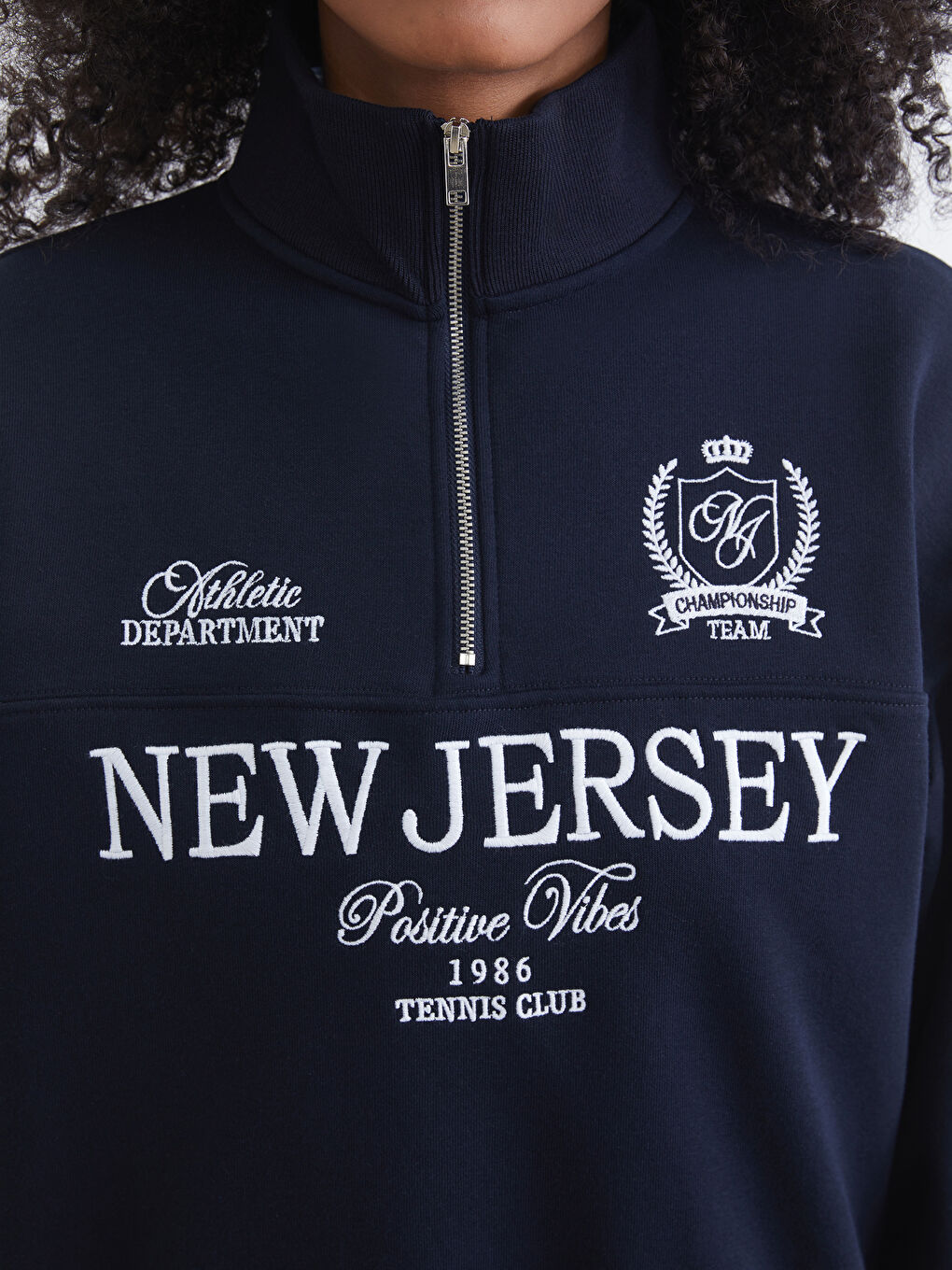 Lacivert New Jersey Nakışlı Oversize Kadın Kalın Sweatshirt-2