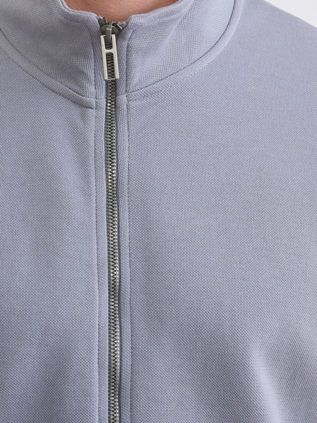 Gri Dik Yaka Erkek Fermuarlı Sweatshirt-2