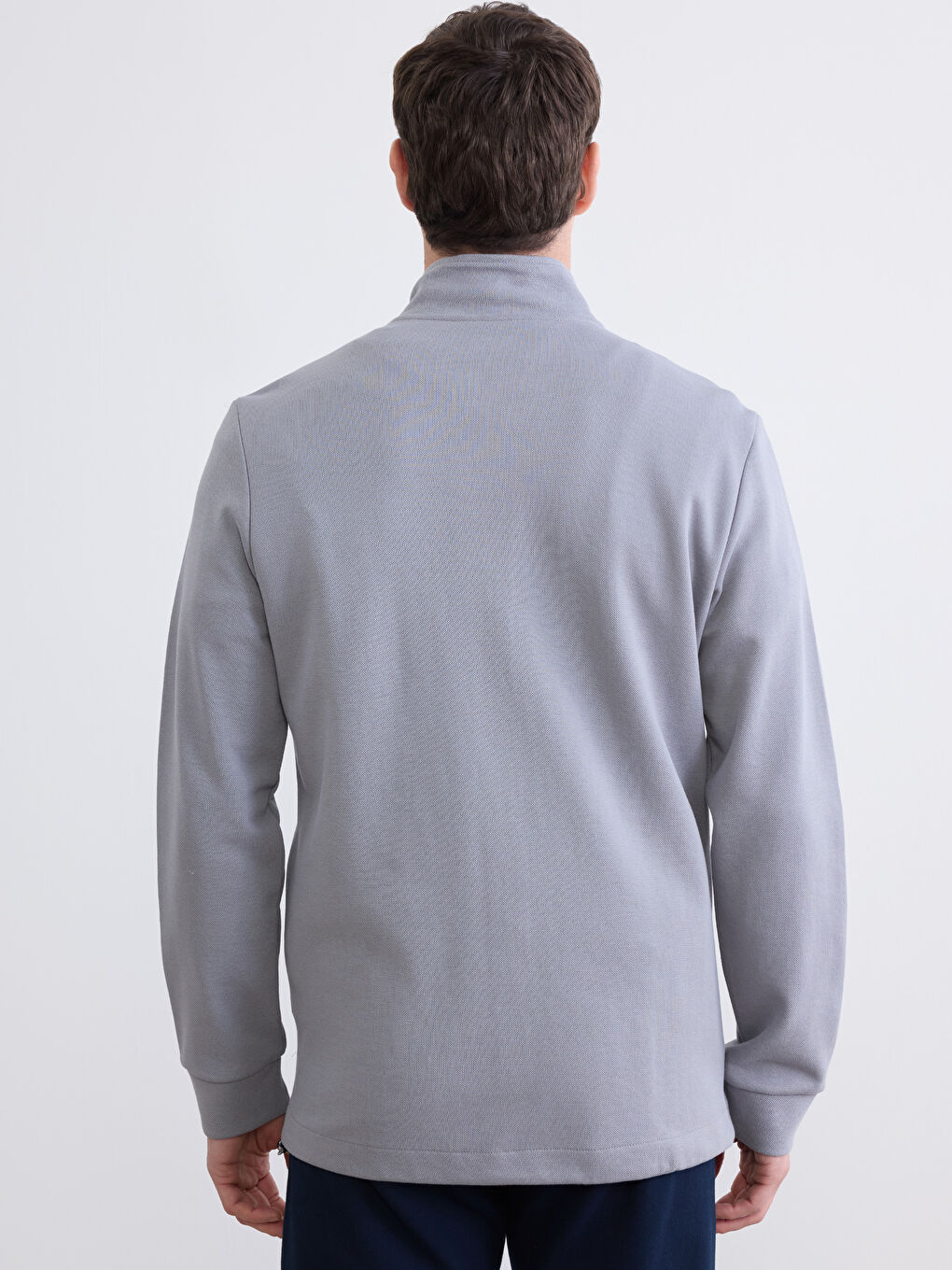 Gri Dik Yaka Erkek Fermuarlı Sweatshirt-3