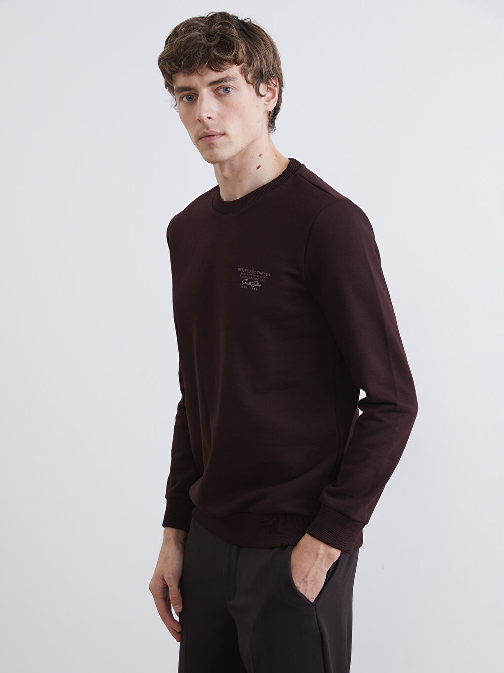 Kahverengi Bisiklet Yaka Baskılı Erkek Kalın Sweatshirt