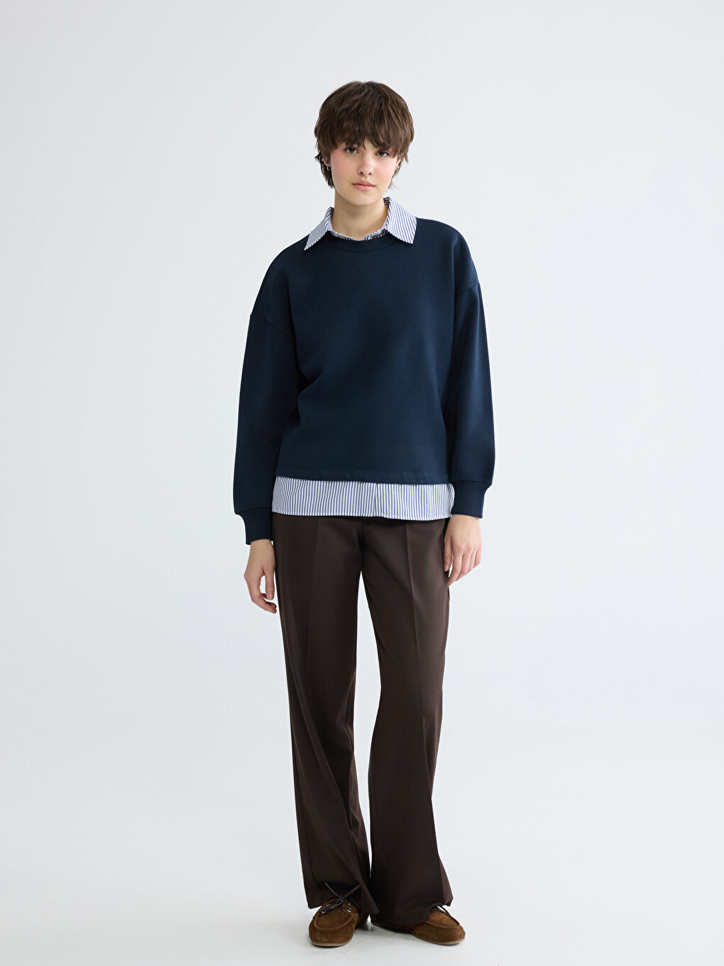 Lacivert Gömlek Yaka Kadın Kalın Sweatshirt-1