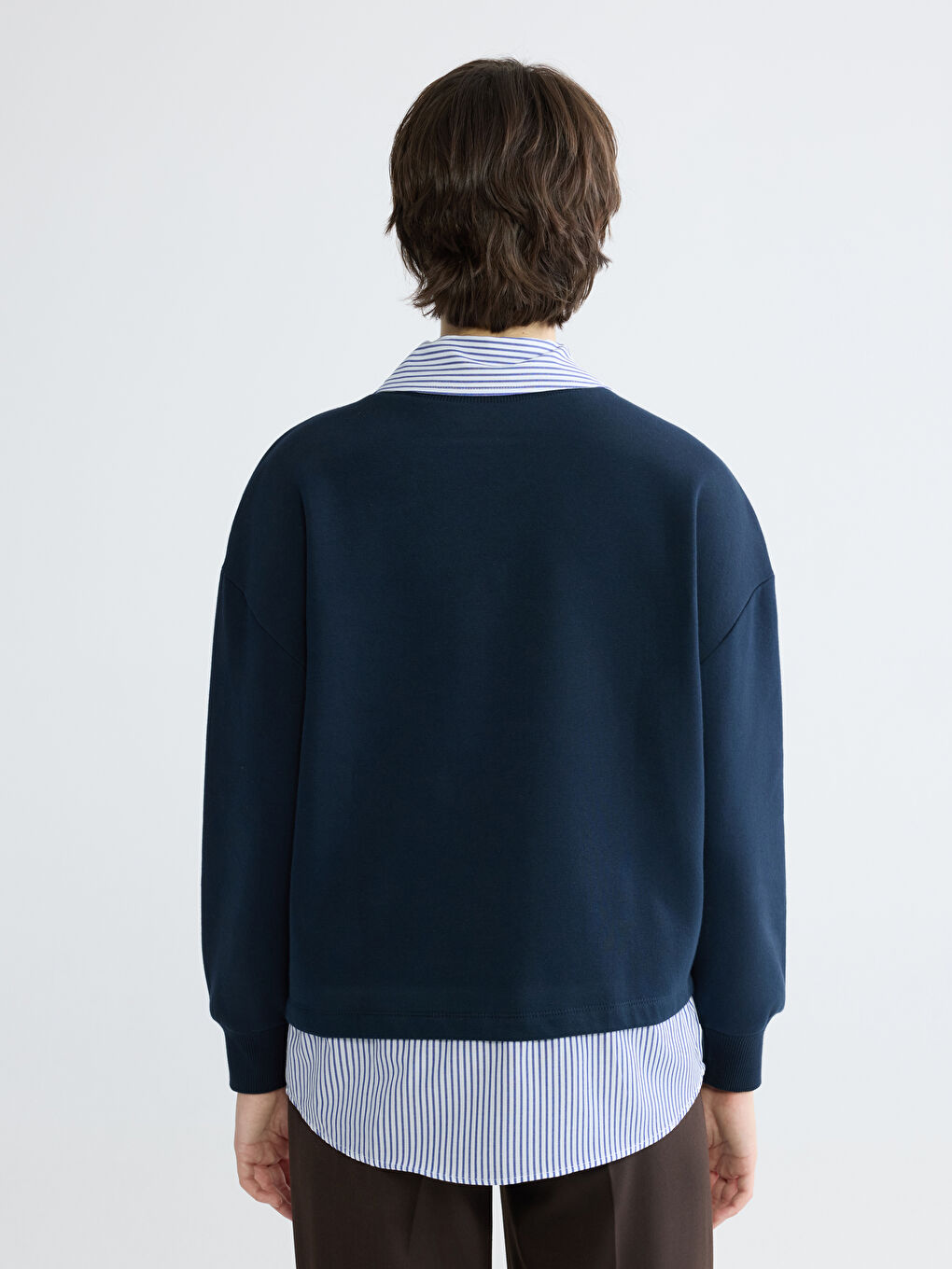 Lacivert Gömlek Yaka Kadın Kalın Sweatshirt-3