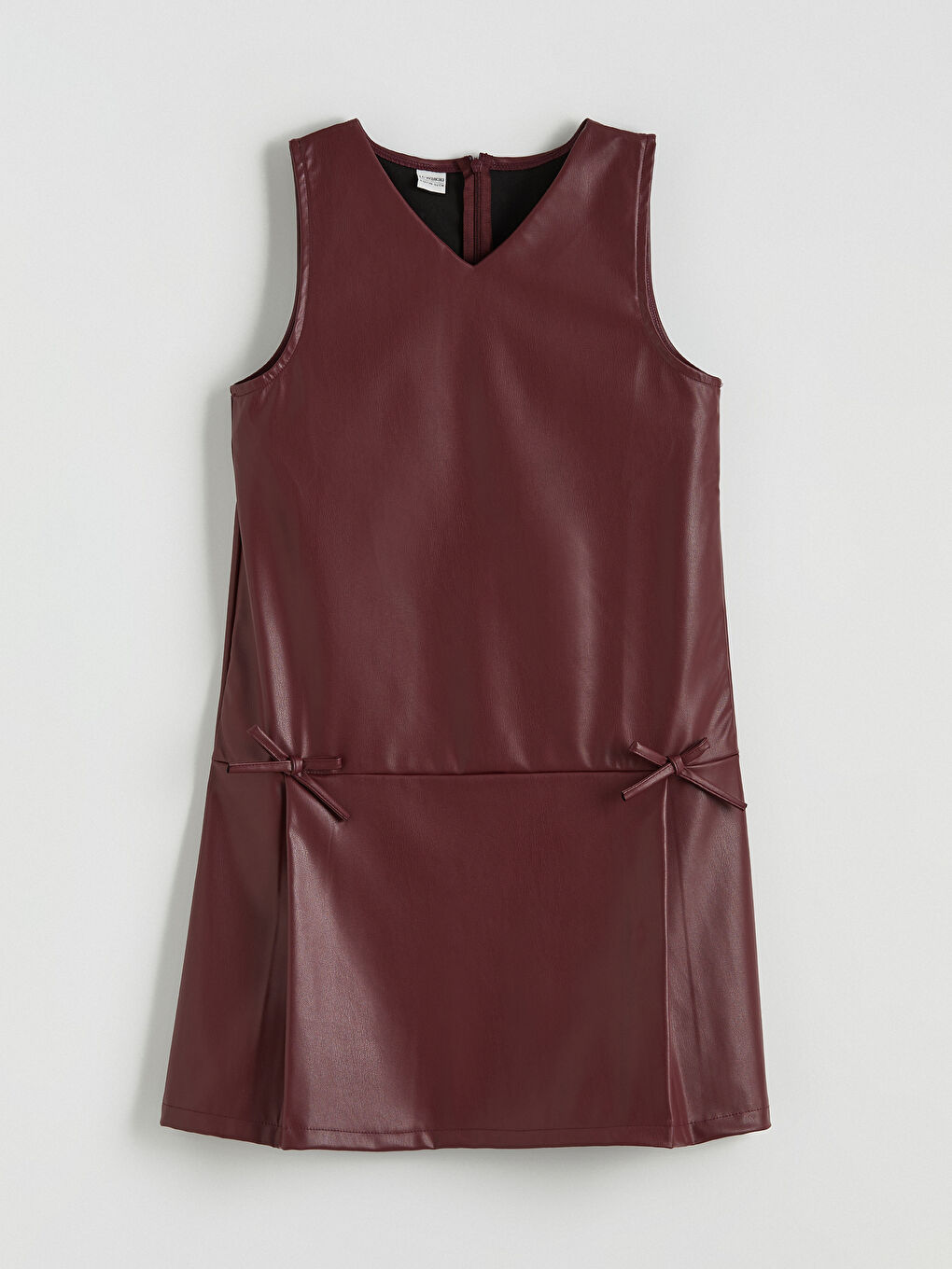 Bordo Fiyonk Detaylı Deri Görünümlü Kız Çocuk Elbise