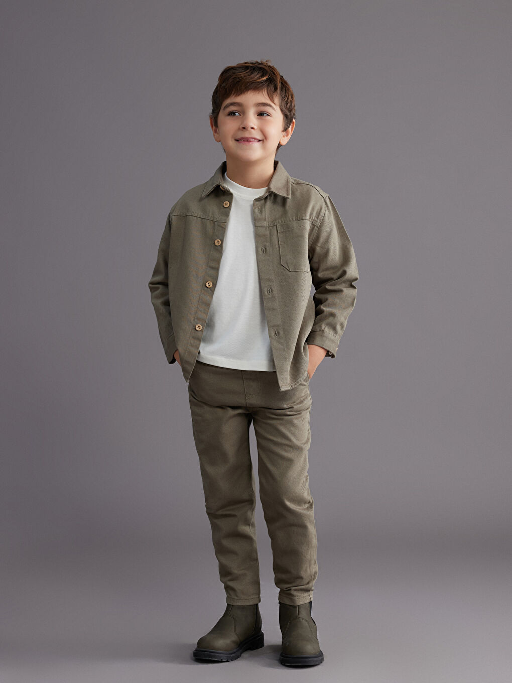 Yeşil Basic Uzun Kollu Erkek Çocuk Gömlek ve Pantolon 2'li