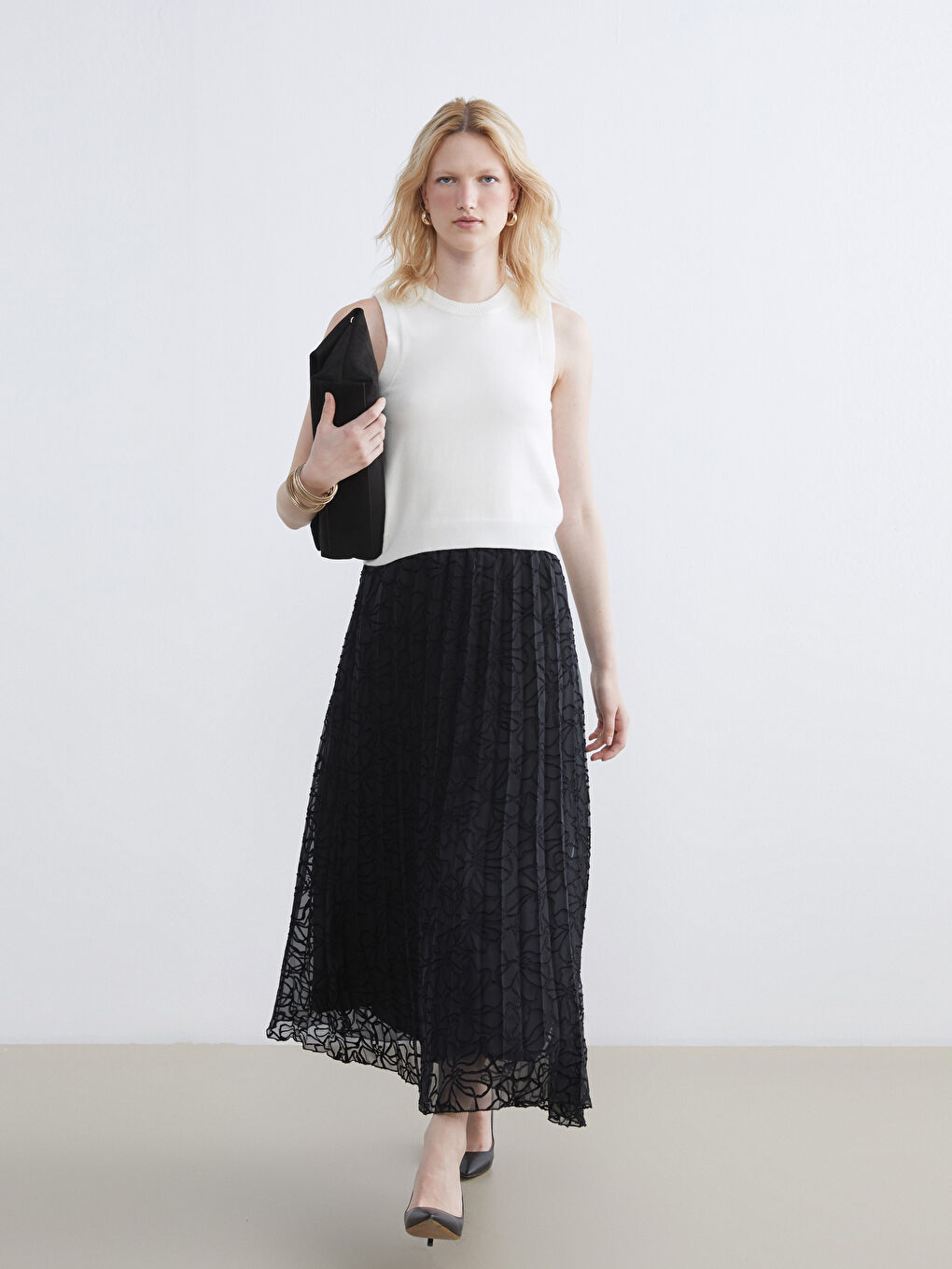 Elasticated Waist Patterned Chiffon Pleated Skirt