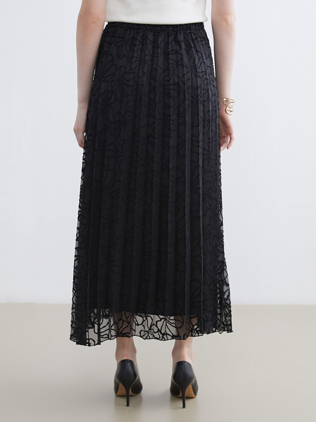 Elasticated Waist Patterned Chiffon Pleated Skirt-3