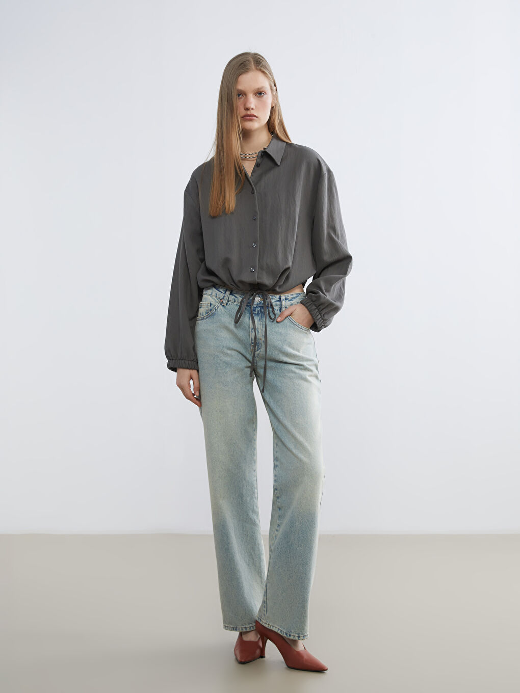 Antrasit Crop Kadın Gömlek-1