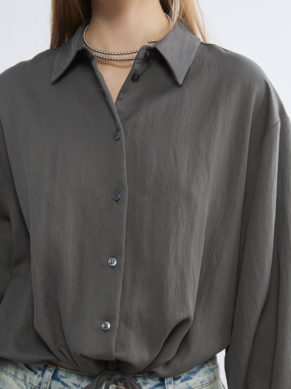 Antrasit Crop Kadın Gömlek-2