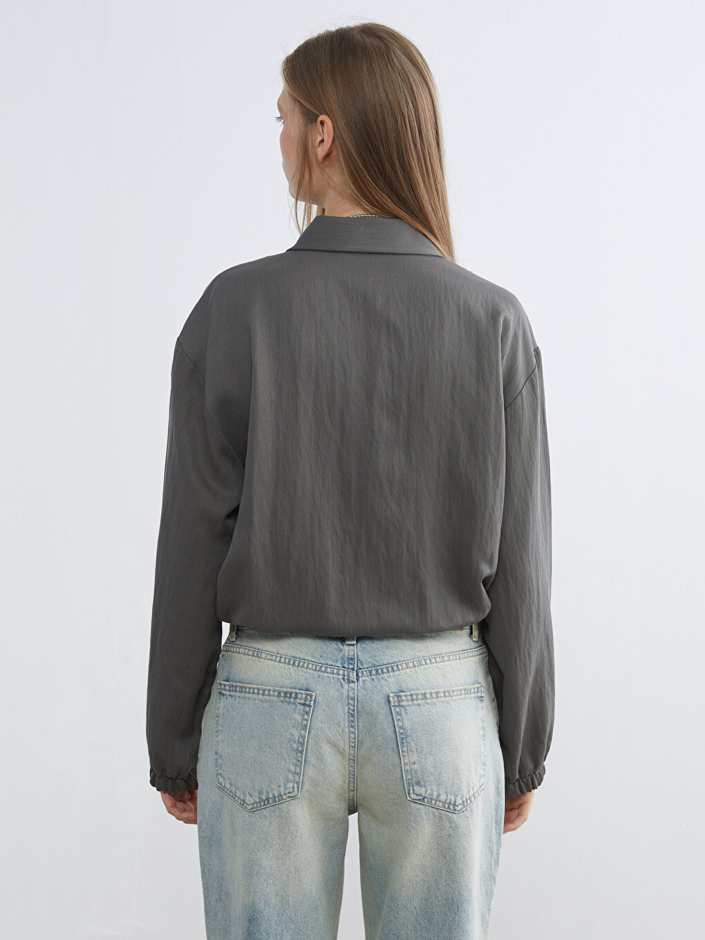 Antrasit Crop Kadın Gömlek-3