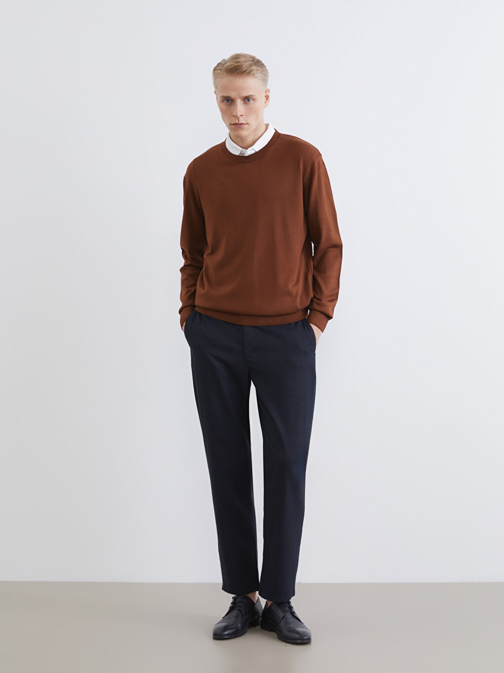 Pulover Tricot cu Mânecă Lungă și Guler Rotund pentru Bărbați-1