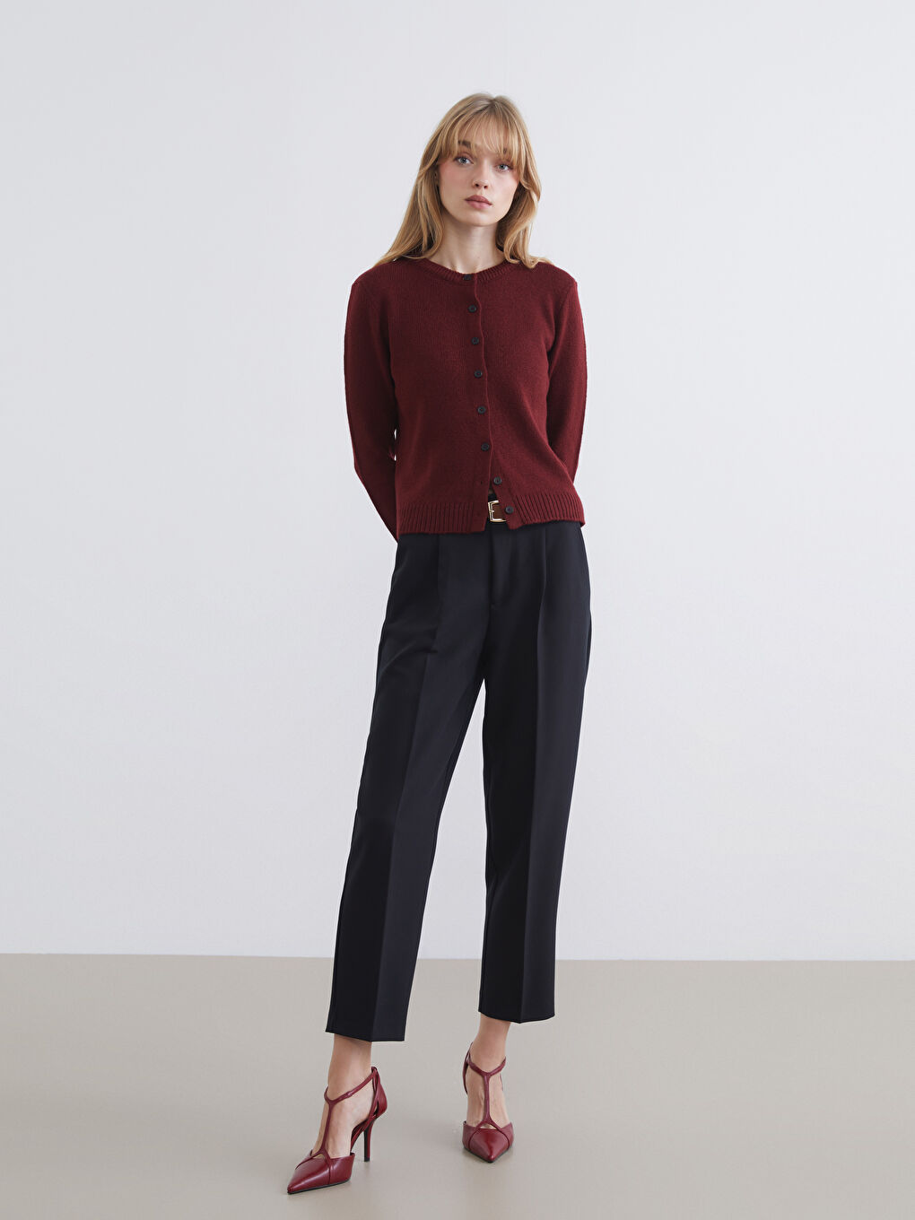 Bordo Bisiklet Yaka Kadın Triko Hırka-1