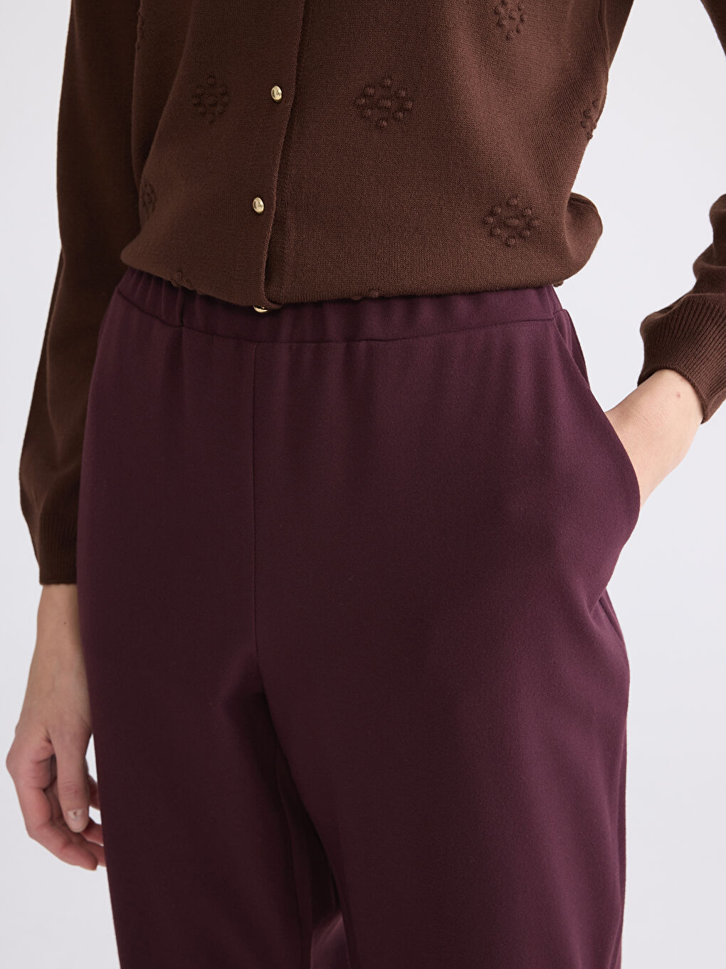Bordo Beli Lastikli Kadın Pantolon-2