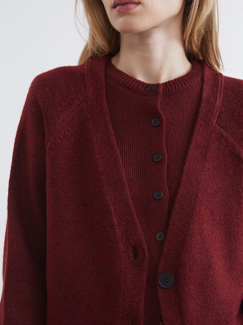 Bordo V Yaka Kadın Triko Hırka-2