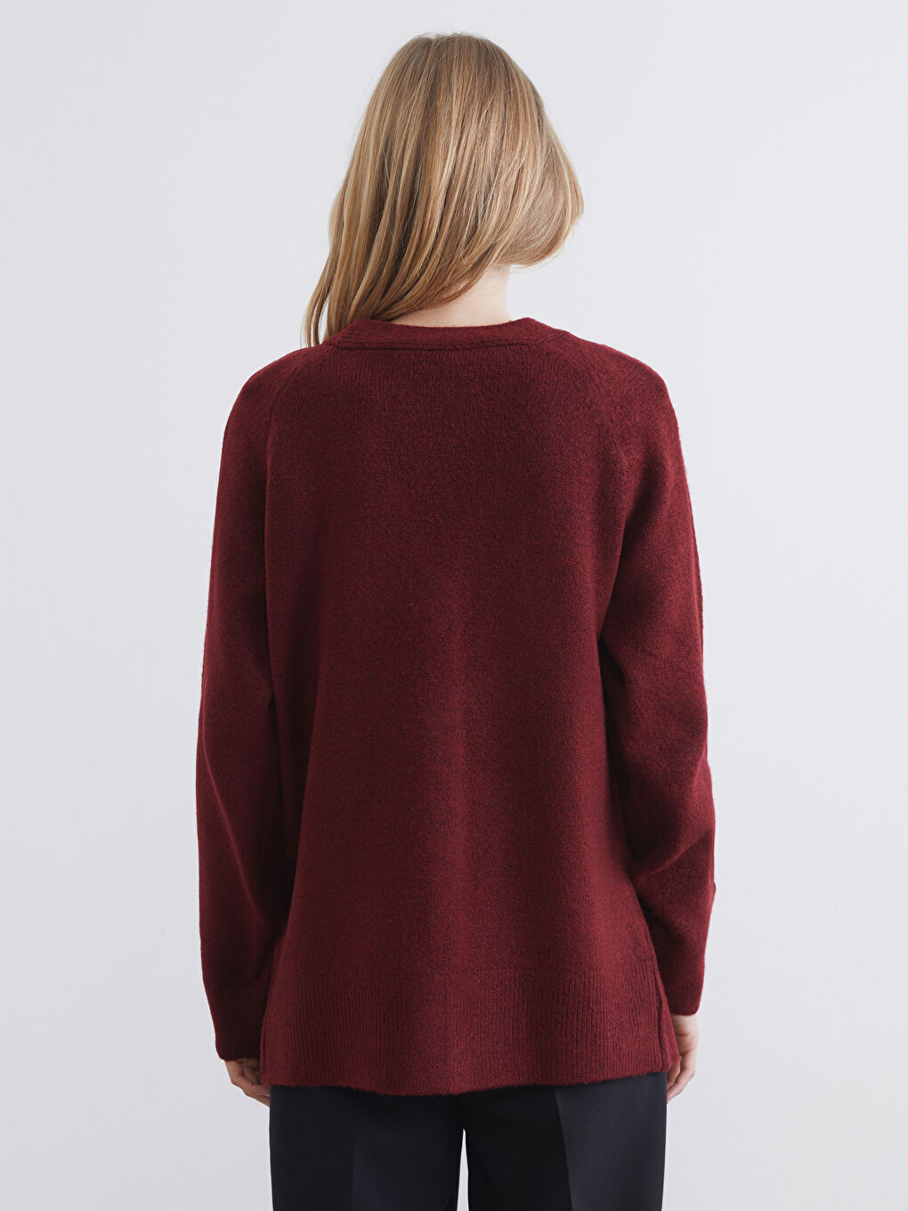 Bordo V Yaka Kadın Triko Hırka-3