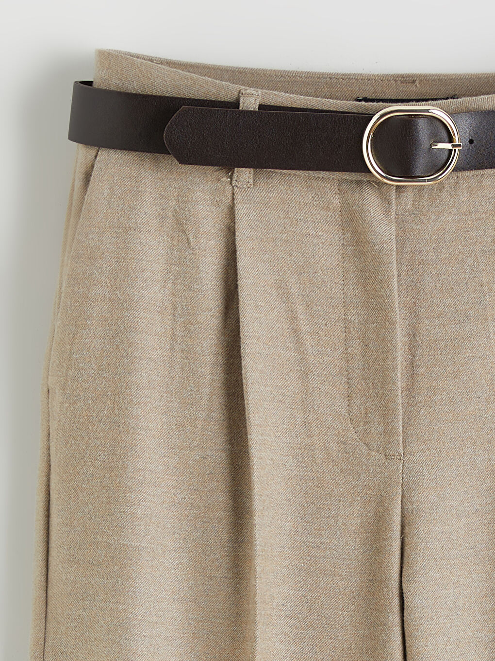 Bej Beli Kemerli Geniş Paça Kadın Pantolon-5