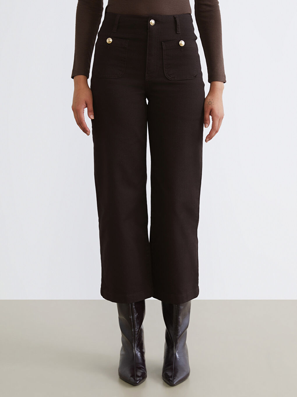 Kahverengi Wideleg Kadın Jean Pantolon-1