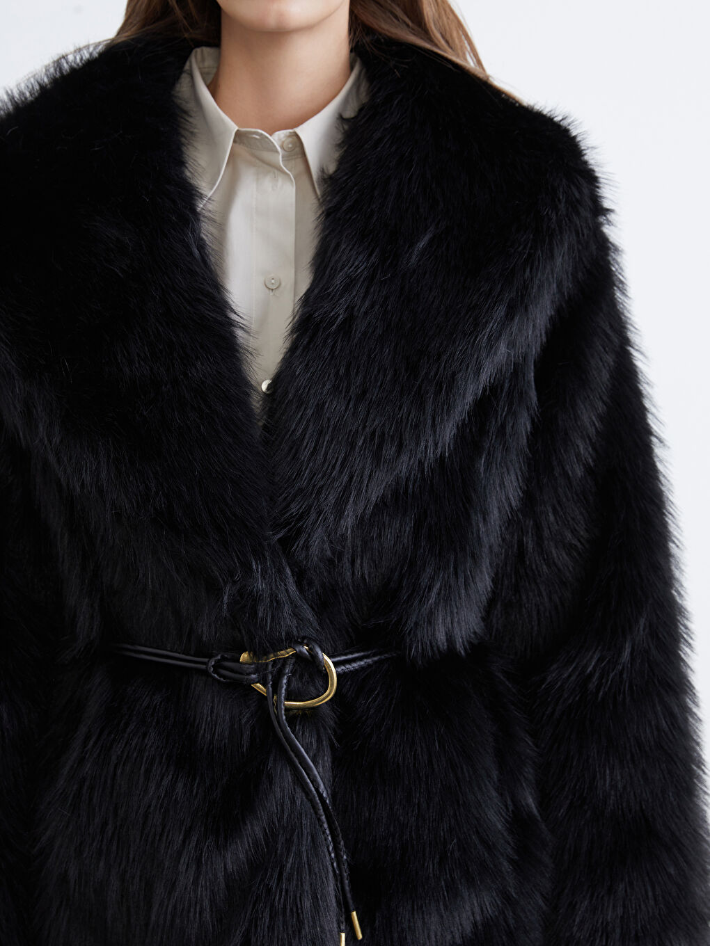 Siyah Şal Yaka Oversize Kadın Kürk Kaban-2