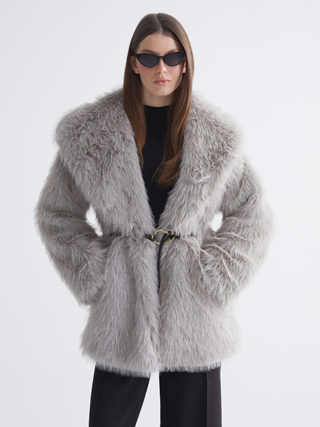 Gri Şal Yaka Oversize Kadın Kürk Kaban