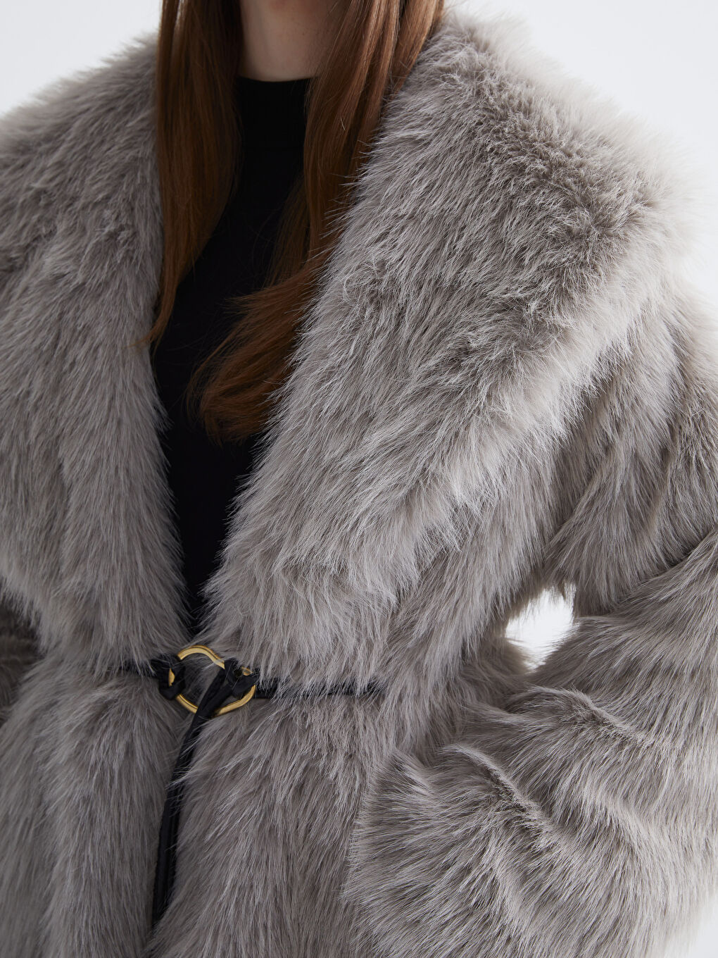 Gri Şal Yaka Oversize Kadın Kürk Kaban-2